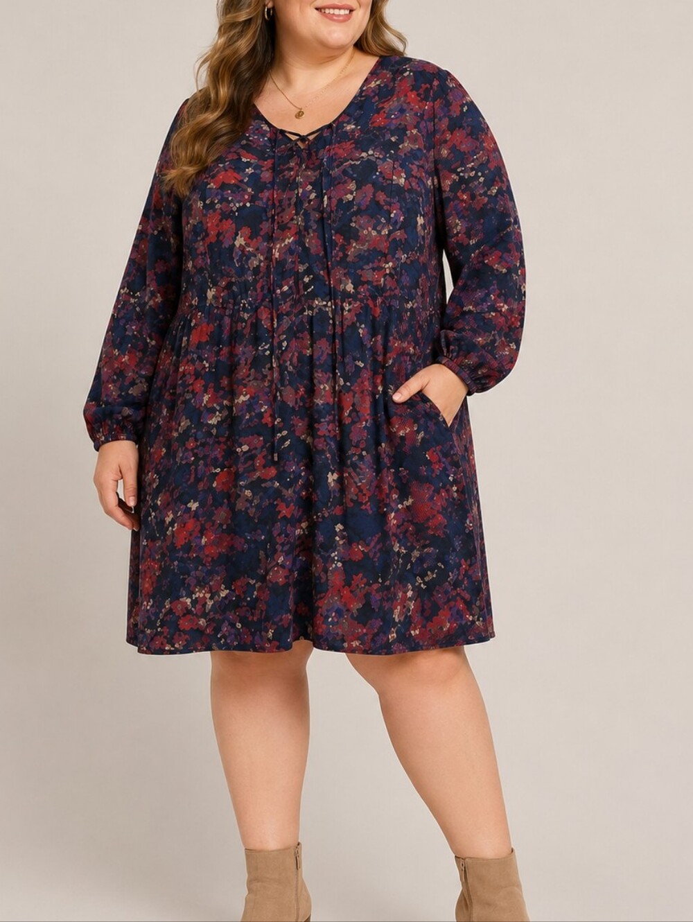 Ava & Viv Navy Red Floral Dress Womens Plus Size 2XL Boho Lace-Up Long Sleeve